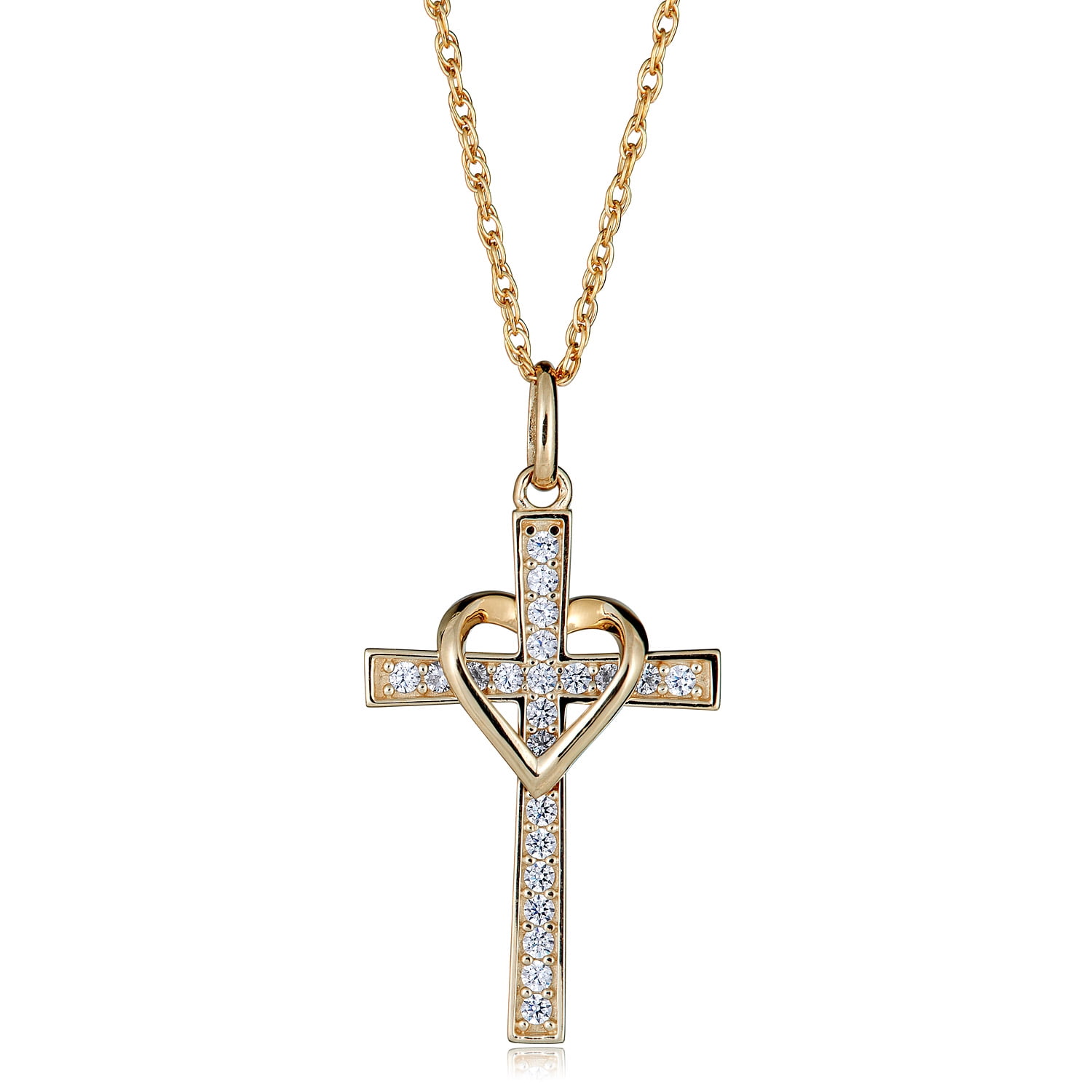 AVORA JEWELRY AVORA 10K Yellow Gold Simulated Diamond CZ Heart and Cross Pendant Necklace with 18" Chain