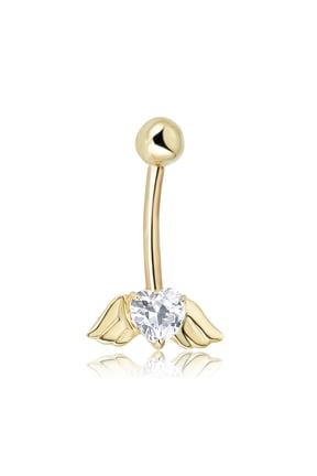 AVORA 10K Yellow Gold Simulated Diamond CZ Heart with Wings Belly Button Ring Body Jewelry (14 Gauge)
