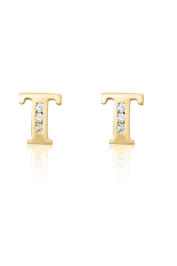 AVORA 10K Yellow Gold Simulated Diamond CZ Initial "T" Stud Earrings