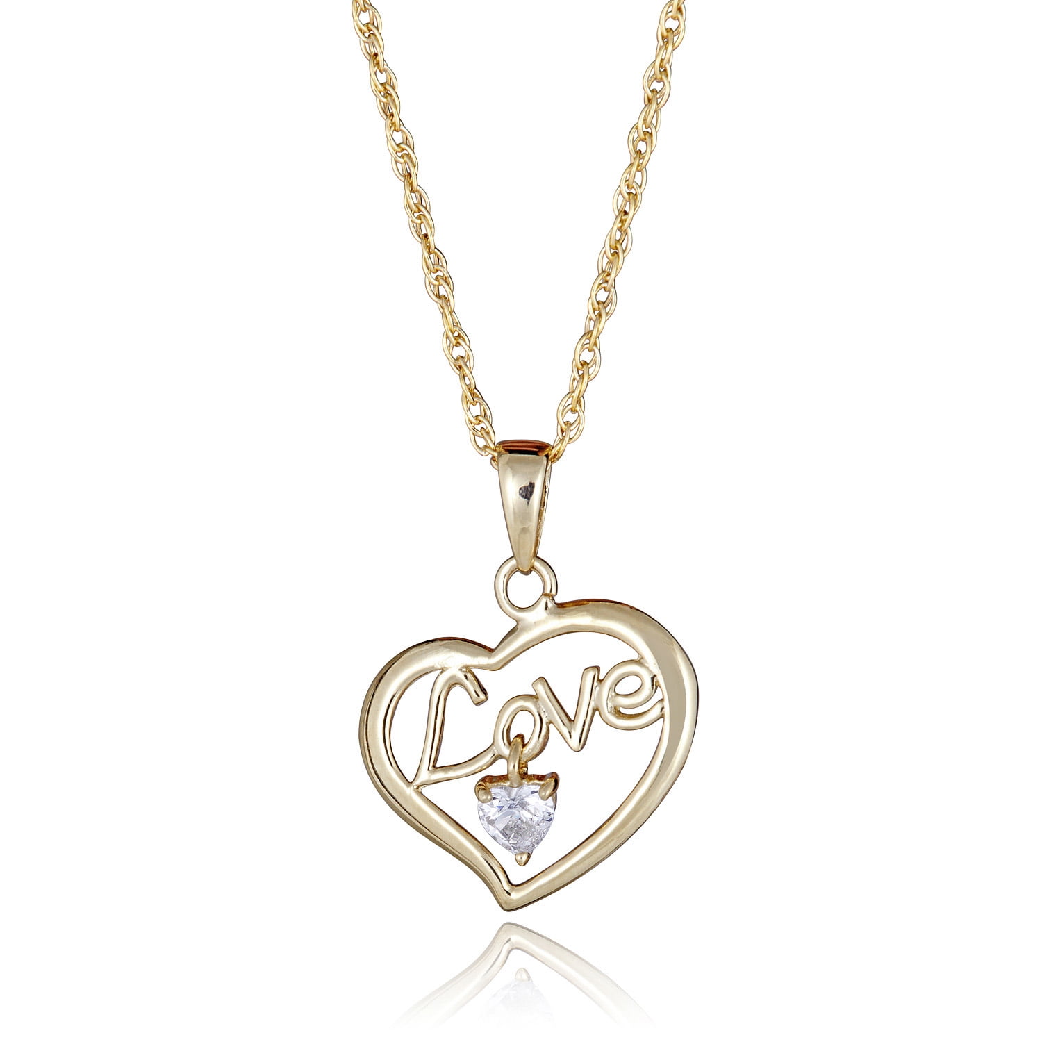 AVORA JEWELRY AVORA 10K Yellow Gold Simulated Diamond CZ "Love" Open Heart Pendant Necklace with 18" Chain
