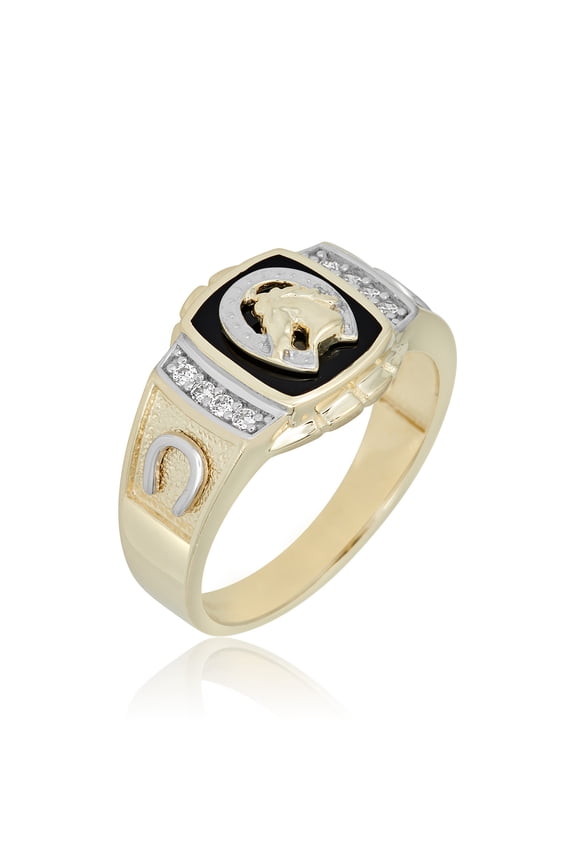 AVORA 10K Yellow Gold Simulated Diamond CZ Men's Onyx Horse Fashion Ring - Size 10.5