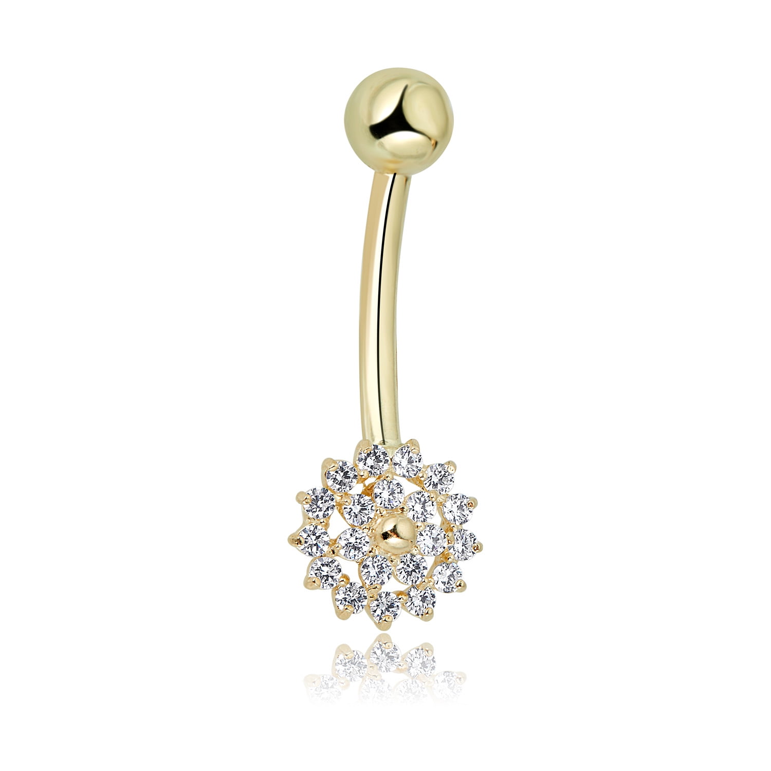 AVORA 10K Yellow Gold Simulated Diamond CZ Open Flower Belly Button Ring Body Jewelry (14 Gauge)