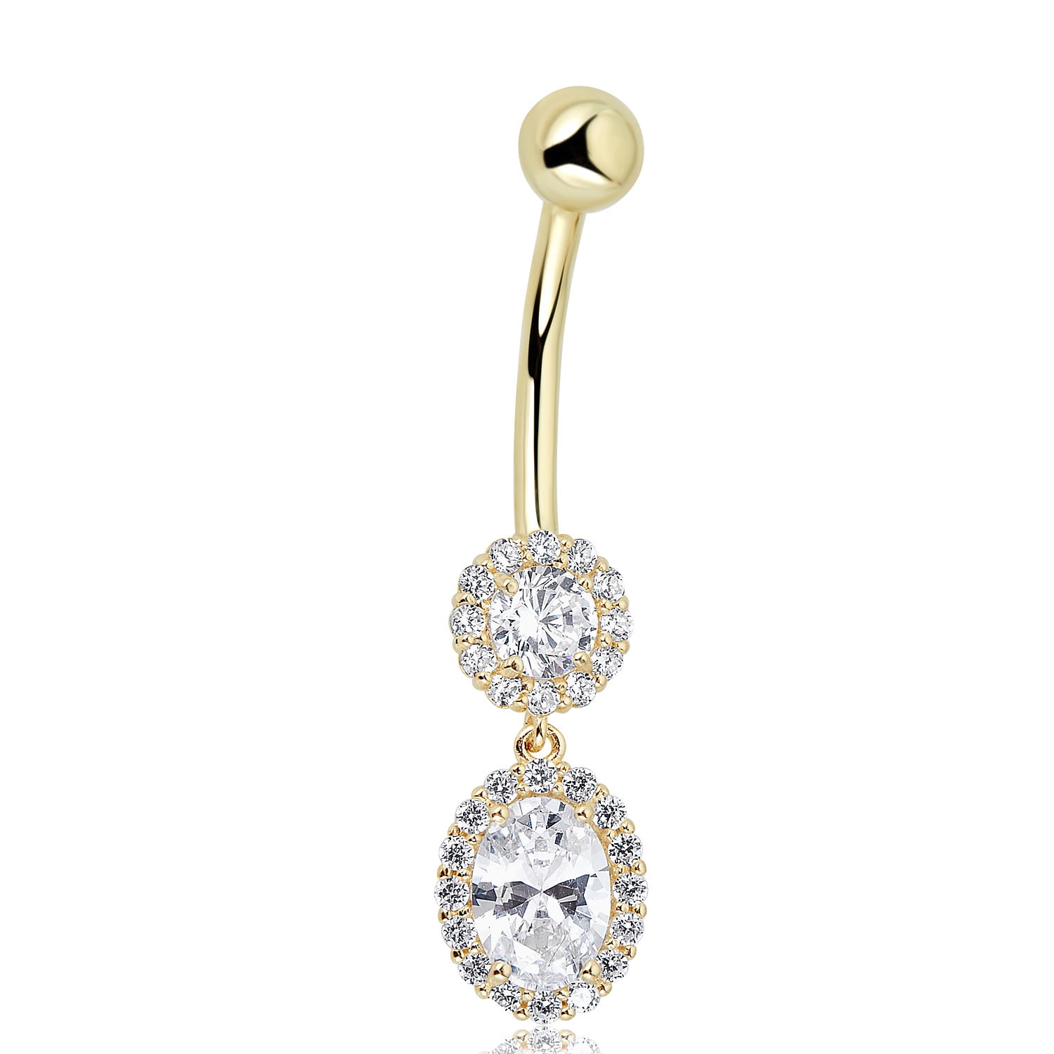 AVORA 10K Yellow Gold Simulated Diamond CZ Oval and Round Dangling Belly Button Ring Body Jewelry (14 Gauge)