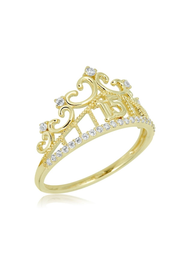 AVORA 10K Yellow Gold Simulated Diamond CZ Quinceanera "15" Anos Tiara Fashion Ring - Size 6