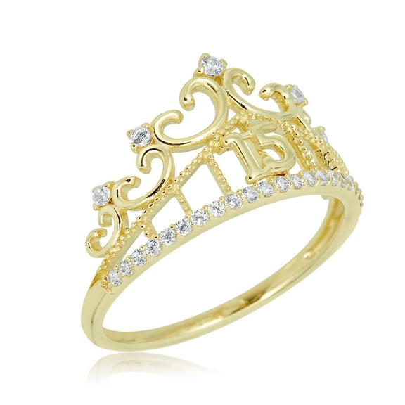 AVORA 10K Yellow Gold Simulated Diamond CZ Quinceanera "15" Anos Tiara Fashion Ring  - Size 8
