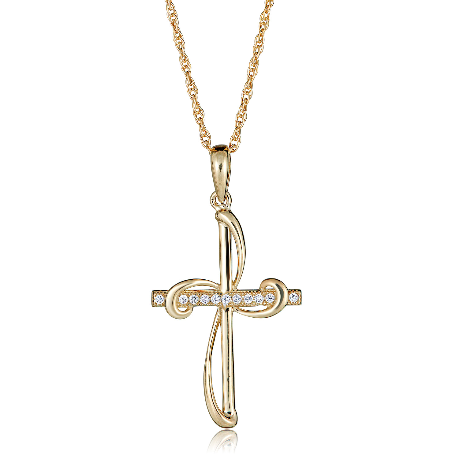 AVORA 10K Yellow Gold Simulated Diamond CZ Ribbon Cross Pendant