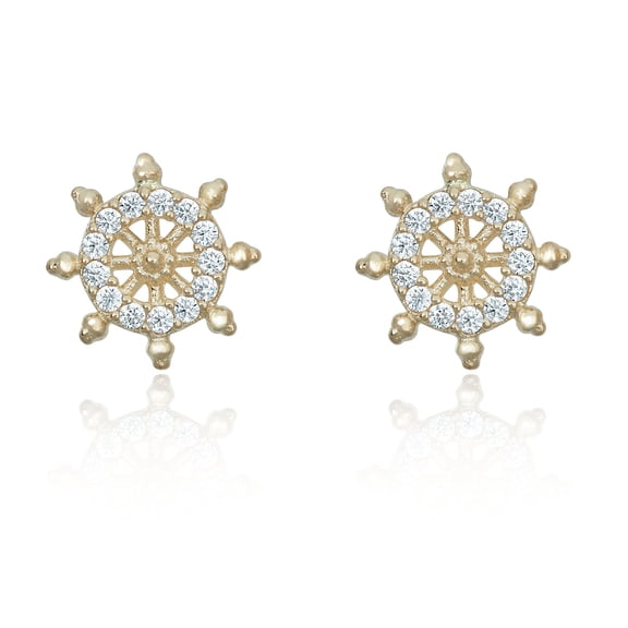 AVORA 10K Yellow Gold Simulated Diamond CZ Ship Wheel Stud Earrings
