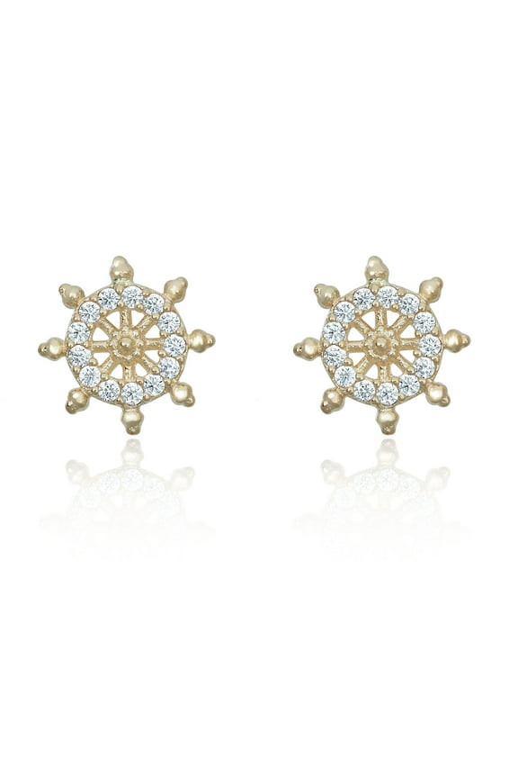 AVORA 10K Yellow Gold Simulated Diamond CZ Ship Wheel Stud Earrings