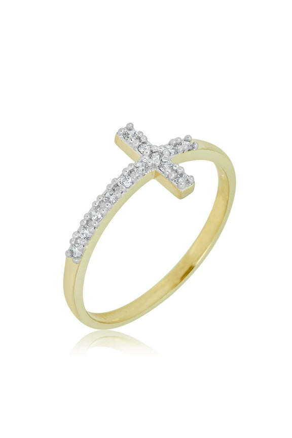 AVORA 10K Yellow Gold Simulated Diamond CZ Sideway Cross Ring  - Size 7