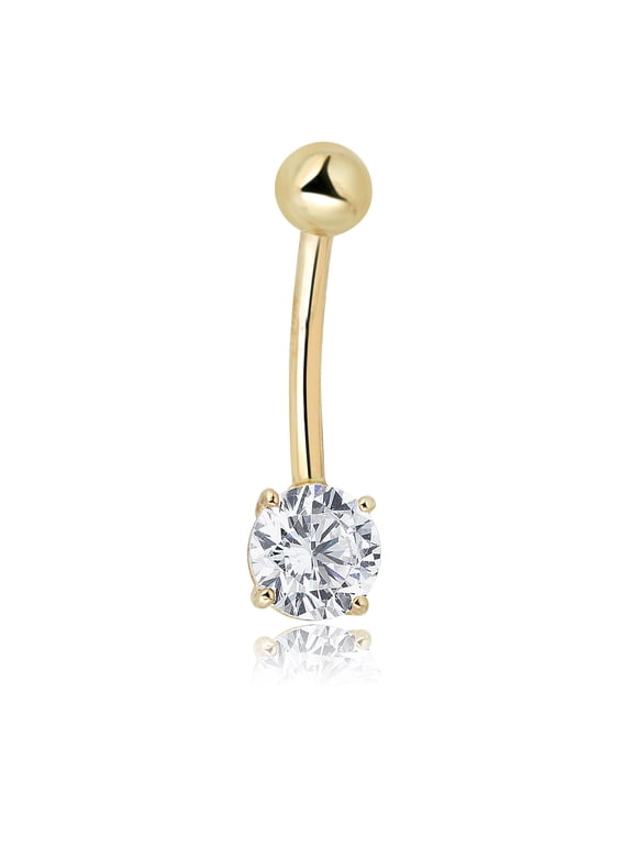 AVORA 10K Yellow Gold Simulated Diamond CZ Solitaire Belly Button Ring Body Jewelry (14 Gauge)
