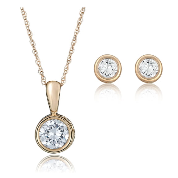 AVORA 10K Yellow-Gold Simulated Diamond CZ Solitaire Pendant Necklace and Stud Earrings Set