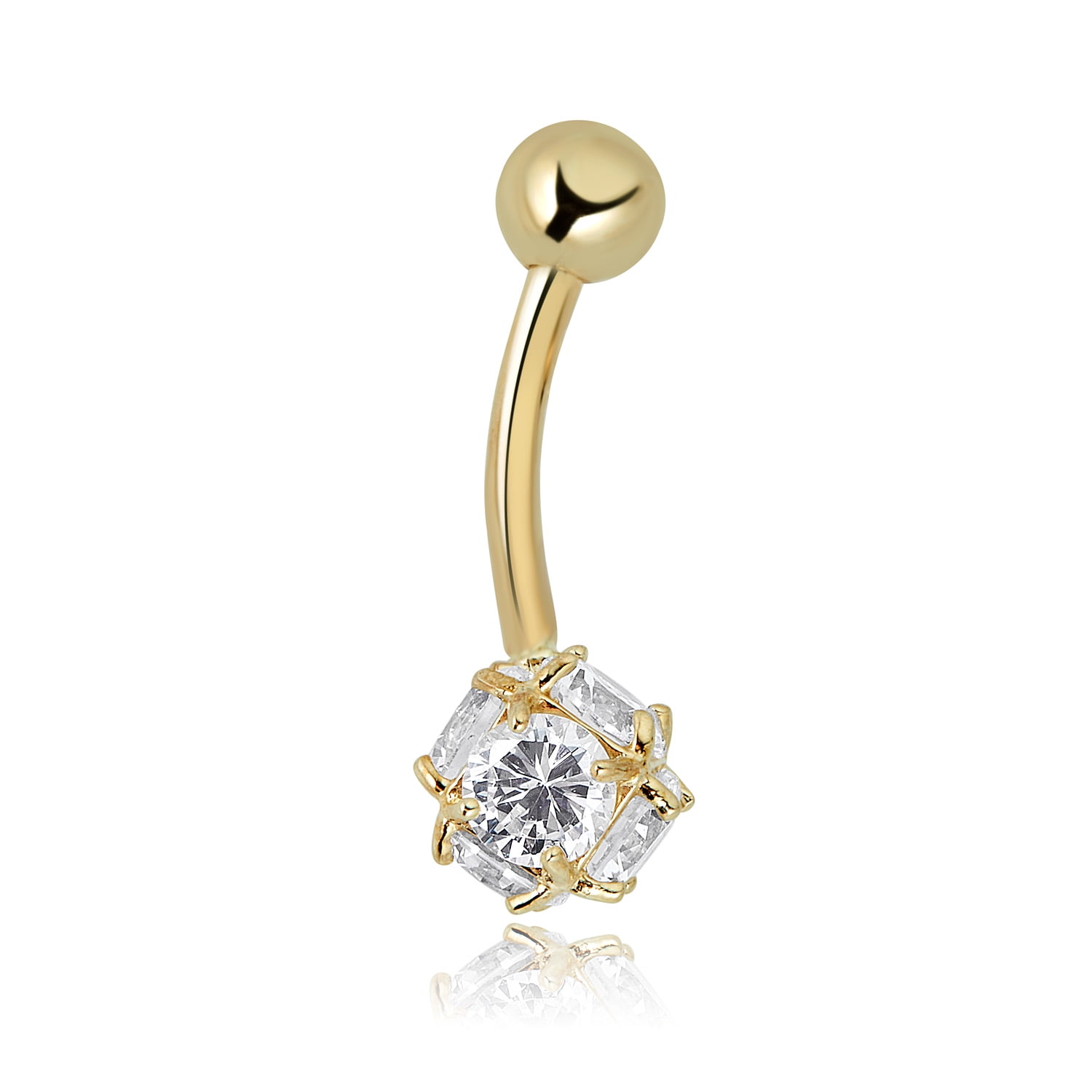 AVORA 10K Yellow Gold Simulated Diamond CZ Spiked Ball Belly Button Ring Body Jewelry (14 Gauge)