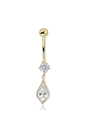 AVORA 10K Yellow Gold Simulated Diamond CZ Teardrop Dangle Belly Button Ring Body Jewelry (14 Gauge)