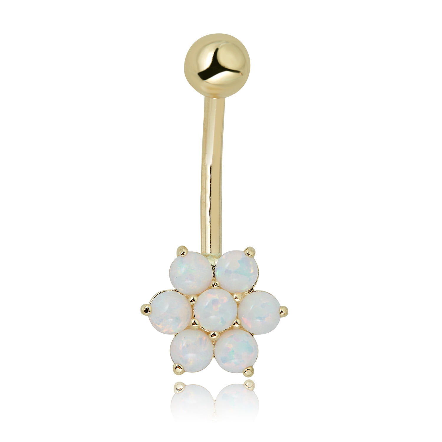 AVORA 10K Yellow Gold Simulated Opal Flower Belly Button Ring Body Jewelry (14 Gauge)