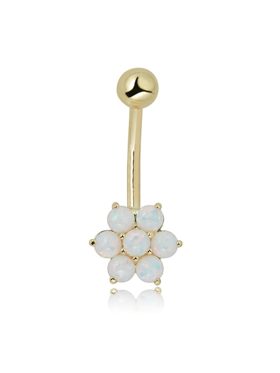 AVORA 10K Yellow Gold Simulated Opal Flower Belly Button Ring Body Jewelry (14 Gauge)