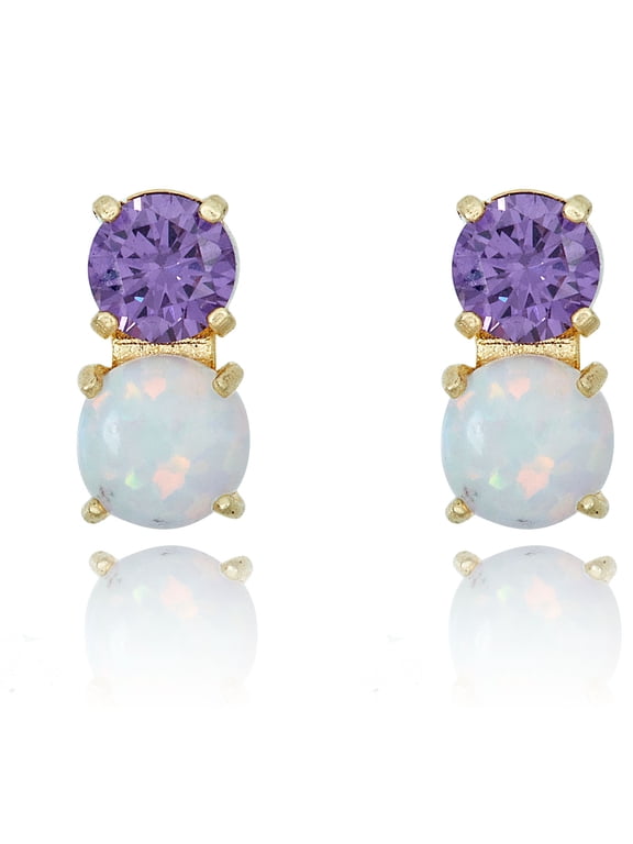 AVORA 10K Yellow Gold Simulated Opal and Purple Simulated Diamond CZ 2- Stone Stud Earrings