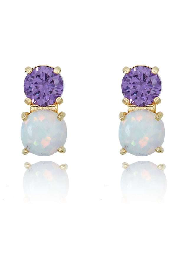 AVORA 10K Yellow Gold Simulated Opal and Purple Simulated Diamond CZ 2- Stone Stud Earrings