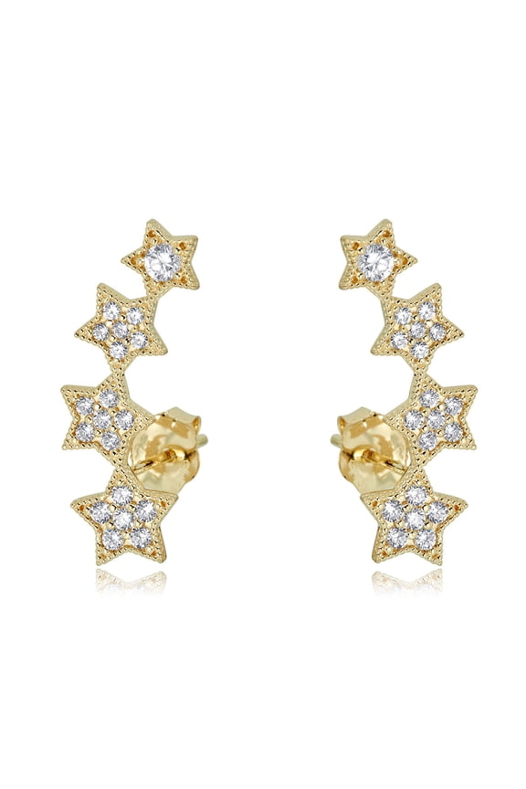 AVORA 10K Yellow Gold Stars Ear Crawler/ Climber Simulated Diamond CZ Earrings