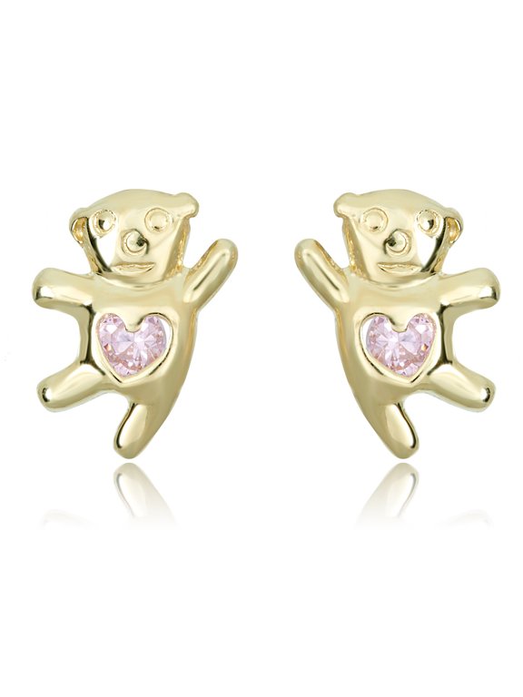 AVORA 10K Yellow Gold Teddy Bear Pink Simulated Diamond CZ Stud Earrings