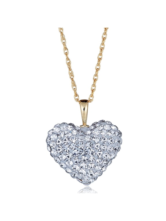 AVORA 10K Yellow Gold White Swarovski Crystal Elements Heart Pendant Necklace with 18" Chain