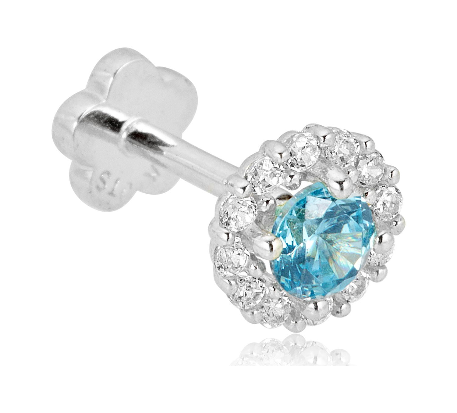 AVORA 14K White Gold Blue and White Simulated Diamond CZ Halo Cartilage Piercing Flat Back Earring Body Jewelry (18 Gauge)