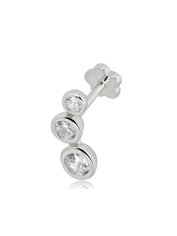 AVORA 14K White Gold Graduated 3 Stone Simulated Diamond CZ Curved Bar Cartilage Piercing Flat Back Earring Body Jewelry (18 Gauge)