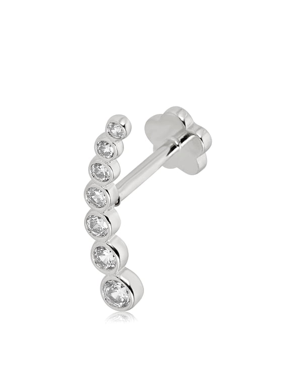 AVORA 14K White Gold Graduated Bezel-Set Simulated Diamond CZ Curved Bar Cartilage Piercing Flat Back Earring Body Jewelry (18 Gauge)
