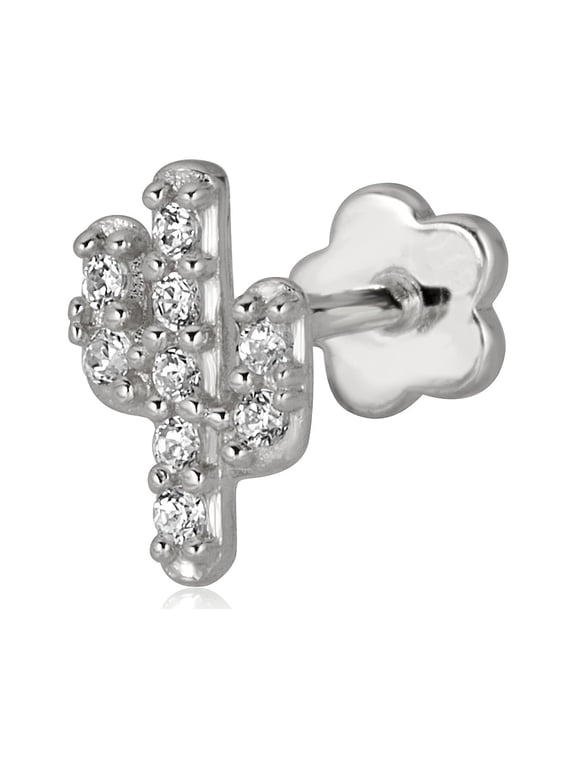 AVORA 14K White Gold Simulated Diamond CZ Cactus Cartilage Piercing Flat Back Earring Body Jewelry (18 Gauge)