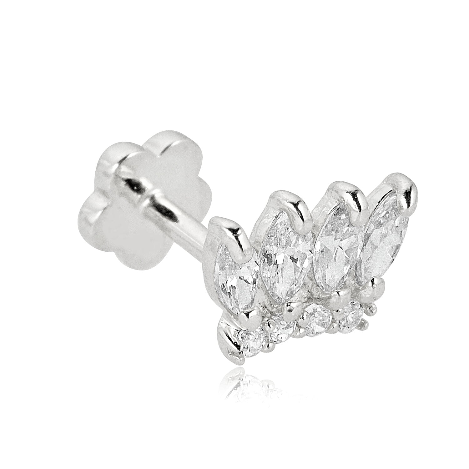 AVORA 14K White Gold Simulated Diamond CZ Crown Cartilage Piercing Flat Back Earring Body Jewelry (18 Gauge)