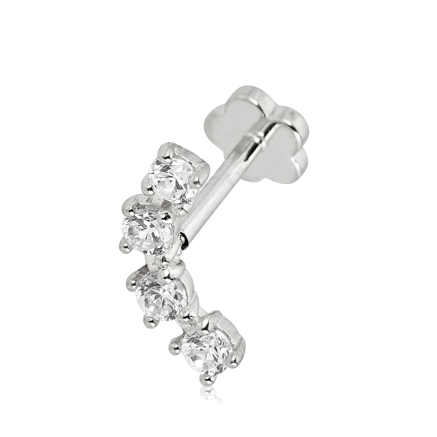 AVORA 14K White Gold Simulated Diamond CZ Curved Bar Cartilage Piercing Flat Back Earring Body Jewelry (18 Gauge)