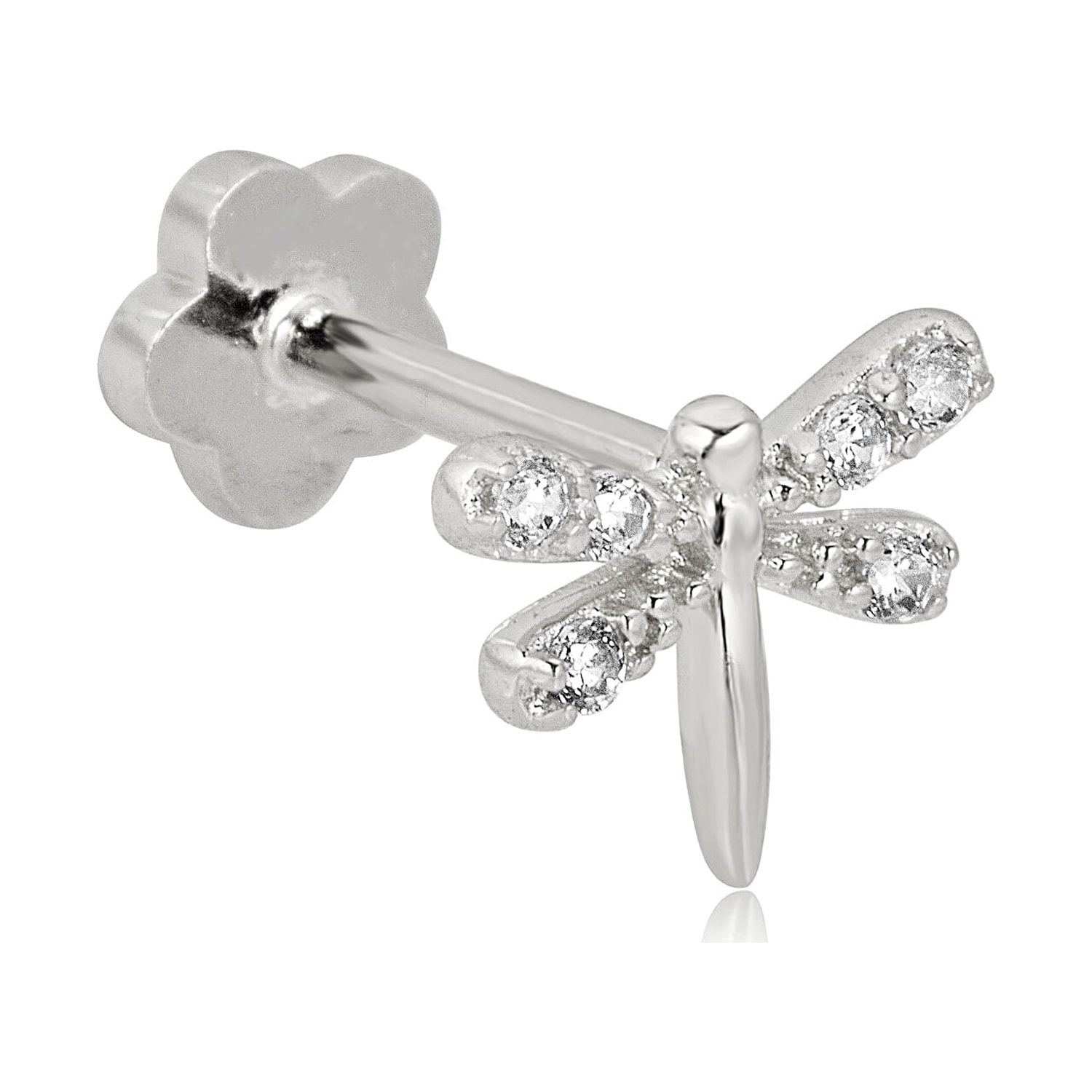 AVORA 14K White Gold Simulated Diamond CZ Dragonfly Cartilage Piercing Flat Back Earring Body Jewelry (18 Gauge)