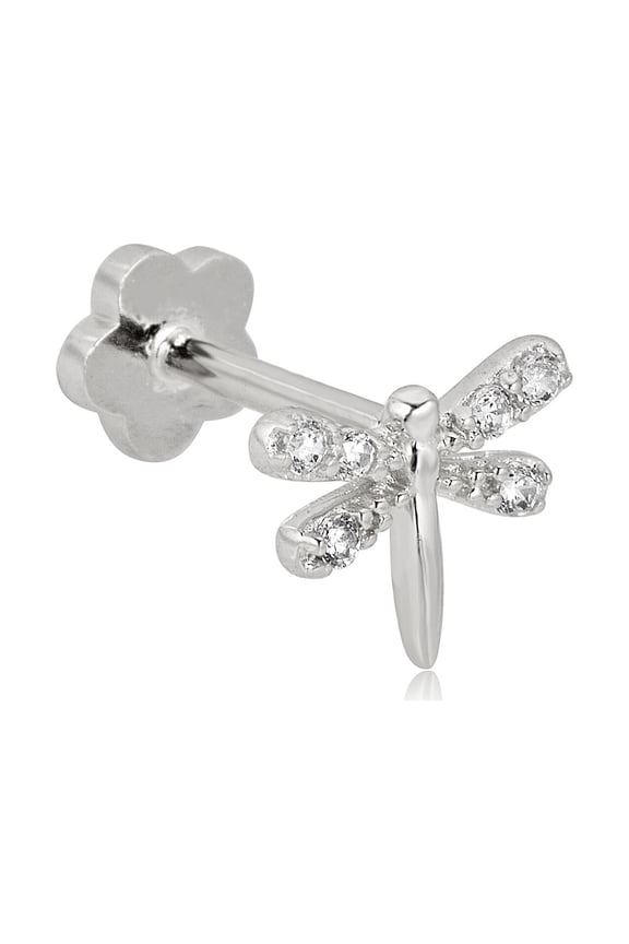 AVORA 14K White Gold Simulated Diamond CZ Dragonfly Cartilage Piercing Flat Back Earring Body Jewelry (18 Gauge)