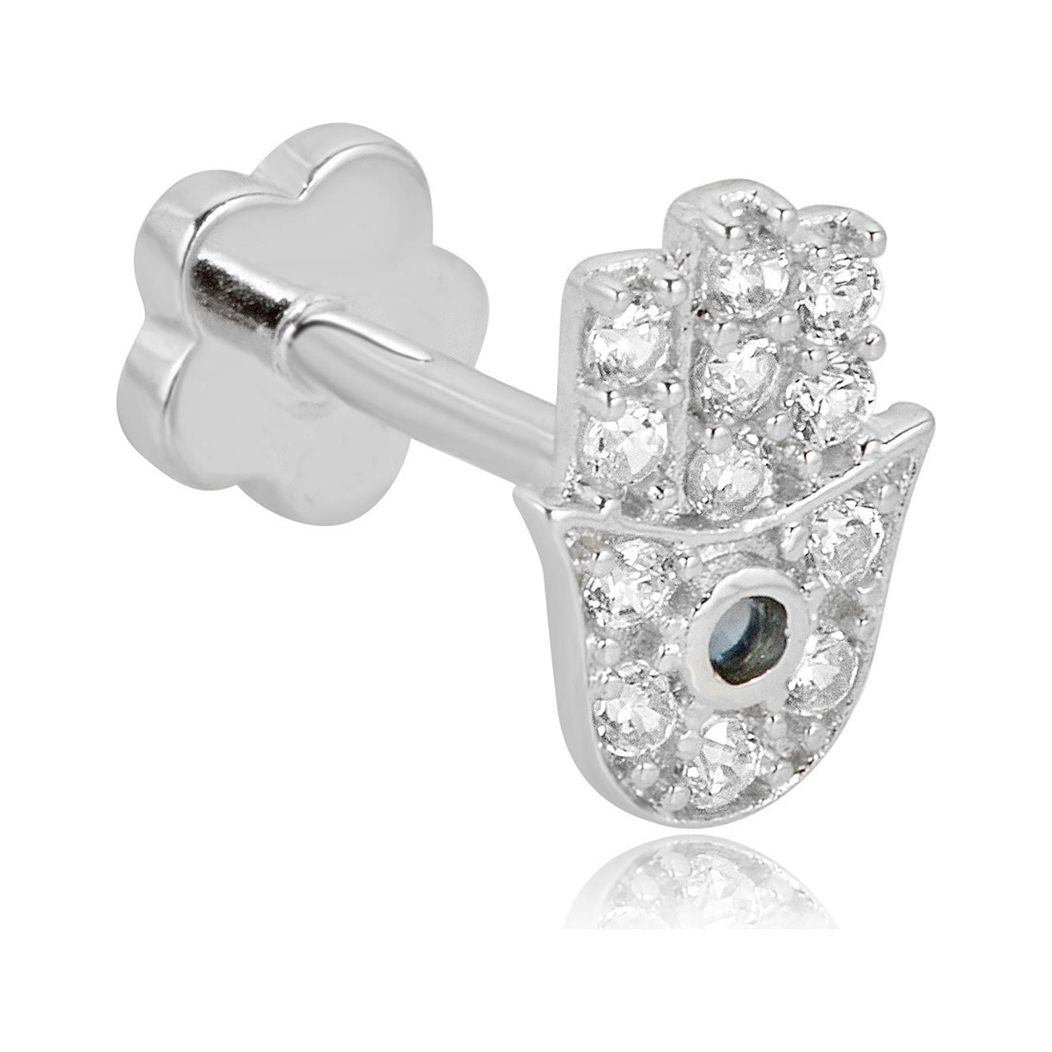AVORA 14K White Gold Simulated Diamond CZ Hamsa Cartilage Piercing Flat Back Earring Body Jewelry (18 Gauge)
