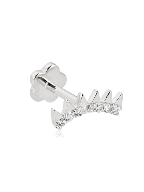 AVORA 14K White Gold Simulated Diamond CZ Spikes Cartilage Piercing Flat Back Earring Body Jewelry (18 Gauge)