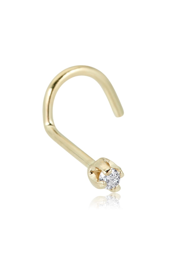 AVORA 14K Yellow Gold 0.01 CT (1.3mm) Genuine Diamond Curved Nose Ring Twist Screw Body Jewelry (22 Gauge) - Size 1.3
