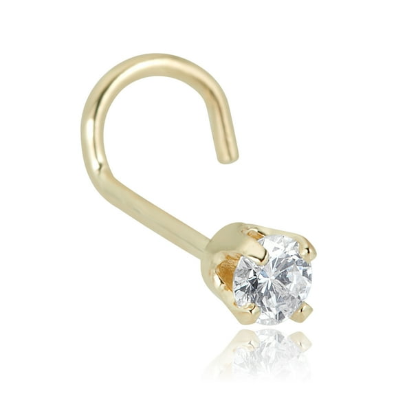 AVORA 14K Yellow Gold 0.05 CT (2.4mm) Genuine Diamond Curved Nose Ring Twist Screw Body Jewelry (22 Gauge)  - Size 2.4