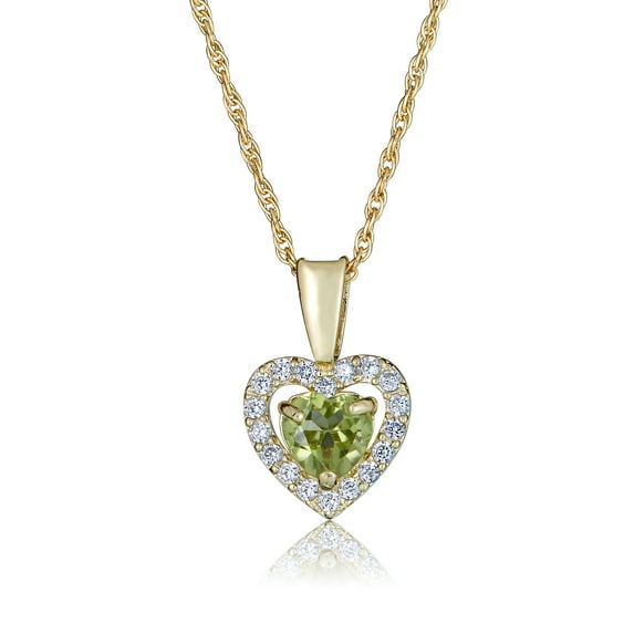AVORA 14K Yellow Gold August Birthstone- Genuine Peridot with Simulated Diamond CZ Heart Halo Pendant Necklace with 18" Chain
