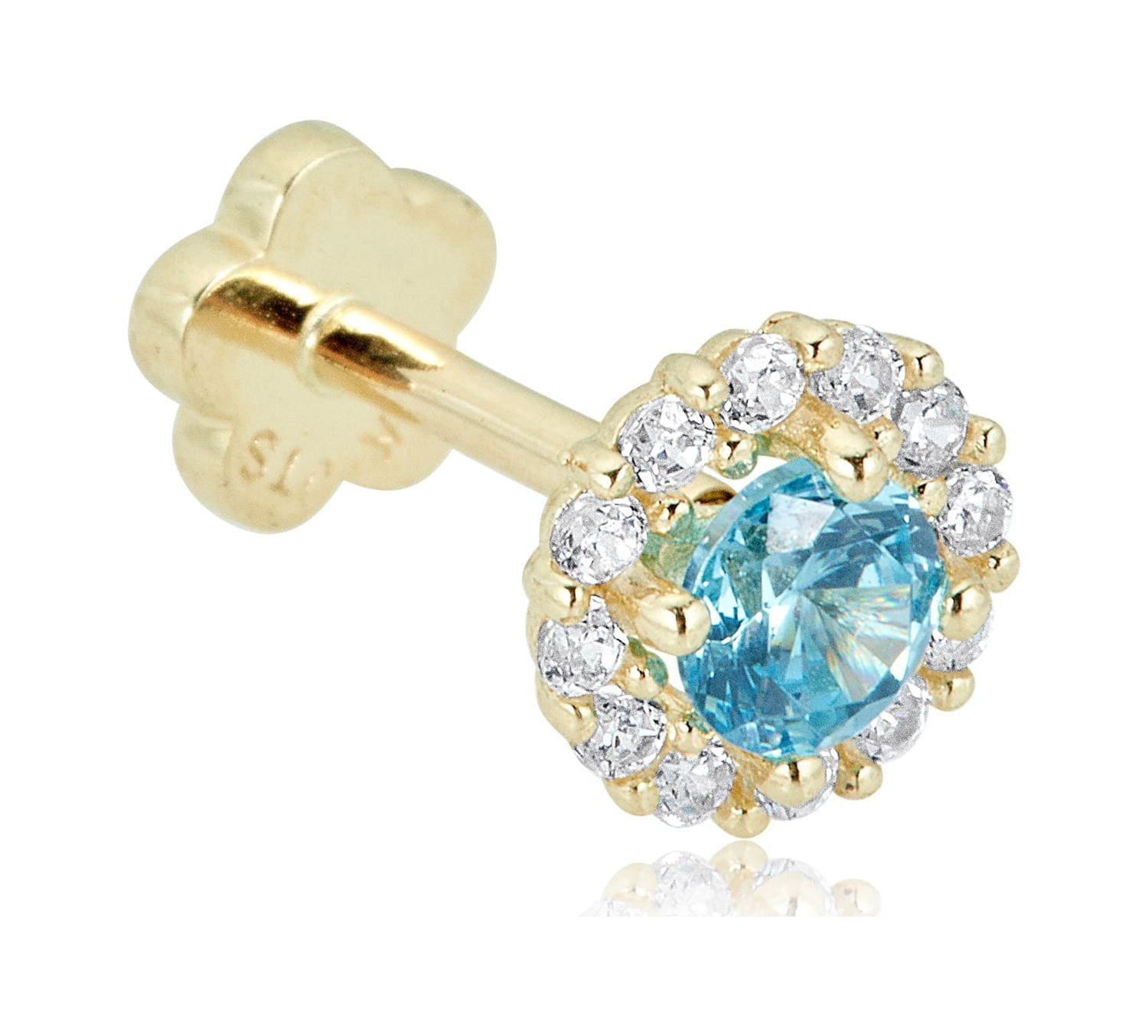 AVORA 14K Yellow Gold Blue and White Simulated Diamond CZ Halo Cartilage Piercing Flat Back Earring Body Jewelry (18 Gauge)