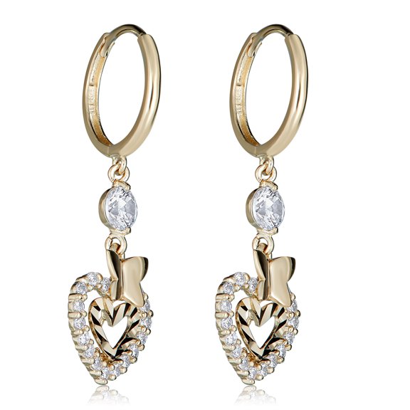 AVORA 14K Yellow Gold Dangling Simulated Diamond CZ Double Heart with Butterfly Huggie Hoop Earrings