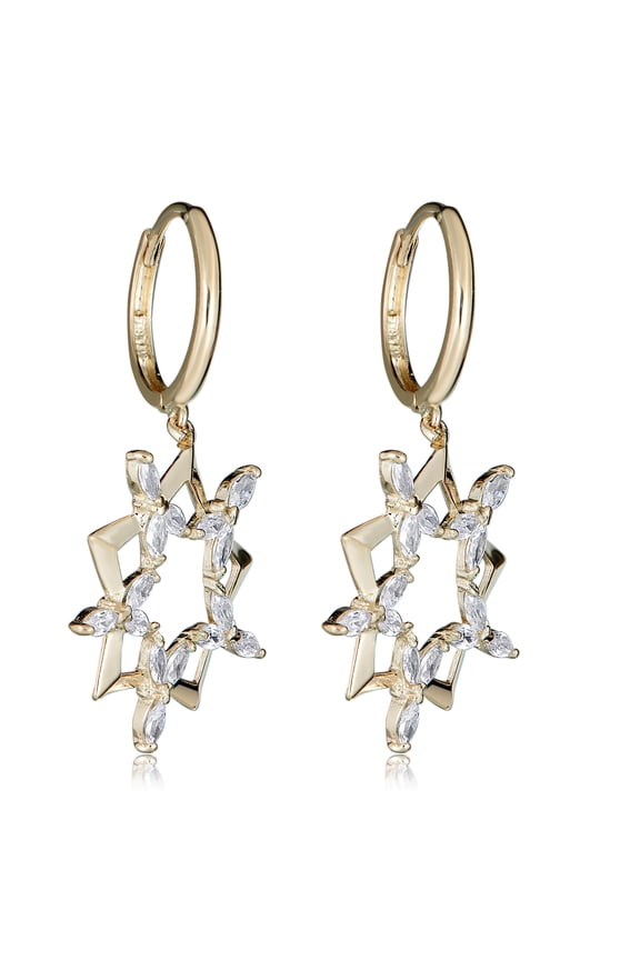 AVORA 14K Yellow Gold Dangling Simulated Diamond CZ Double Star Huggie Hoop Earrings