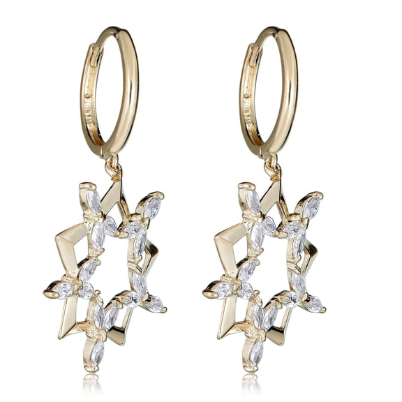 AVORA 14K Yellow Gold Dangling Simulated Diamond CZ Double Star Huggie Hoop Earrings