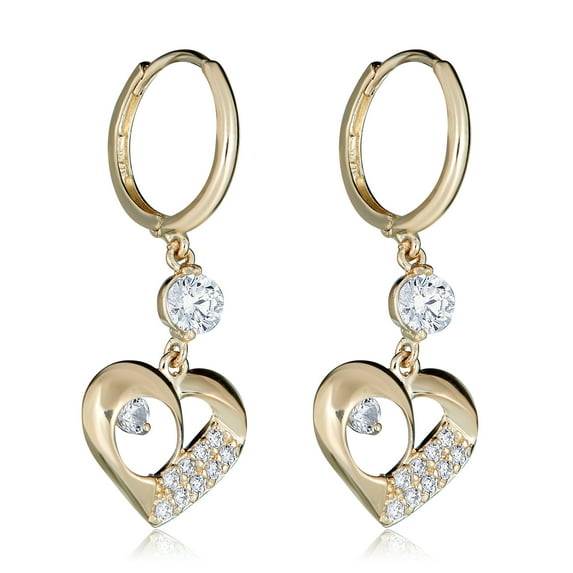 AVORA 14K Yellow Gold Dangling Simulated Diamond CZ Heart Huggie Hoop Earrings