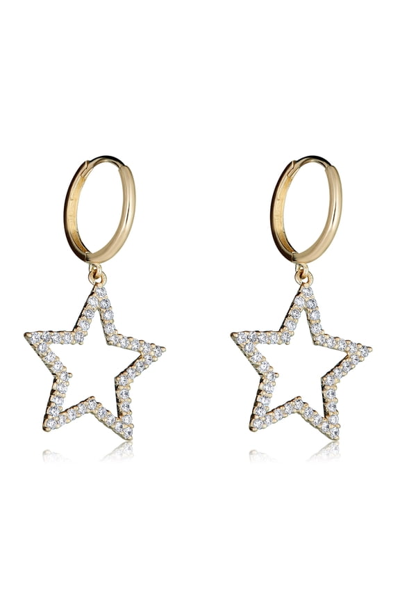 AVORA 14K Yellow Gold Dangling Simulated Diamond CZ Star Huggie Hoop Earrings