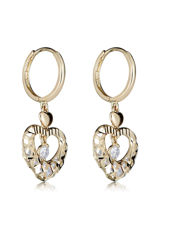 AVORA 14K Yellow Gold Dangling Simulated Diamond CZ Weave Heart Huggie Hoop Earrings
