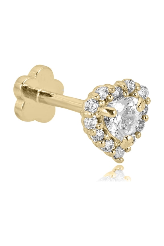 AVORA 14K Yellow Gold Heart-Shaped Simulated Diamond CZ Halo Cartilage Piercing Flat Back Earring Body Jewelry (18 Gauge)