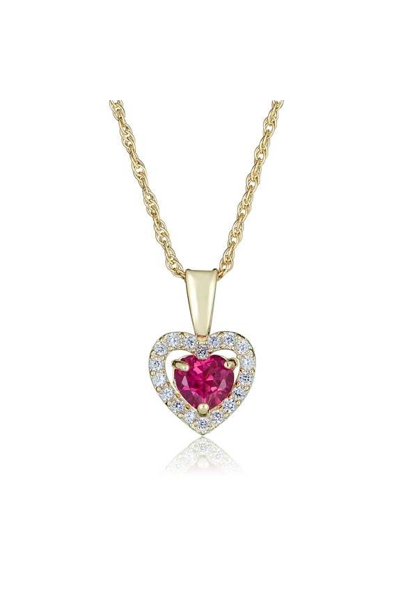 AVORA 14K Yellow Gold July Birthstone- Ruby with Simulated Diamond CZ Heart Halo Pendant Necklace with 18" Chain