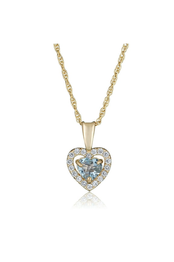 AVORA 14K Yellow Gold Mar Birthstone-Created Aquamarine with Simulated Diamond CZ Heart Halo Pendant Necklace with 18" Chain