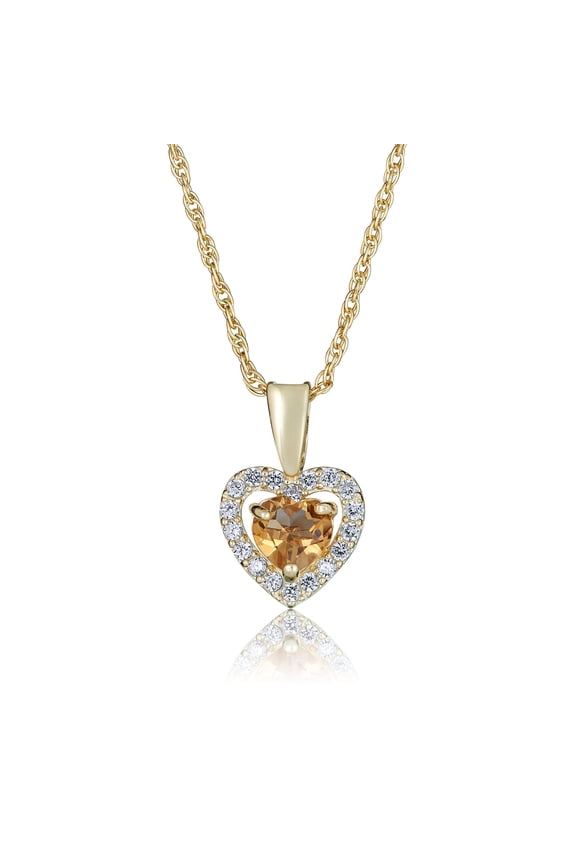 AVORA 14K Yellow Gold November Birthstone-Genuine Citrine with Simulated Diamond CZ Heart Halo Pendant Necklace with 18" Chain