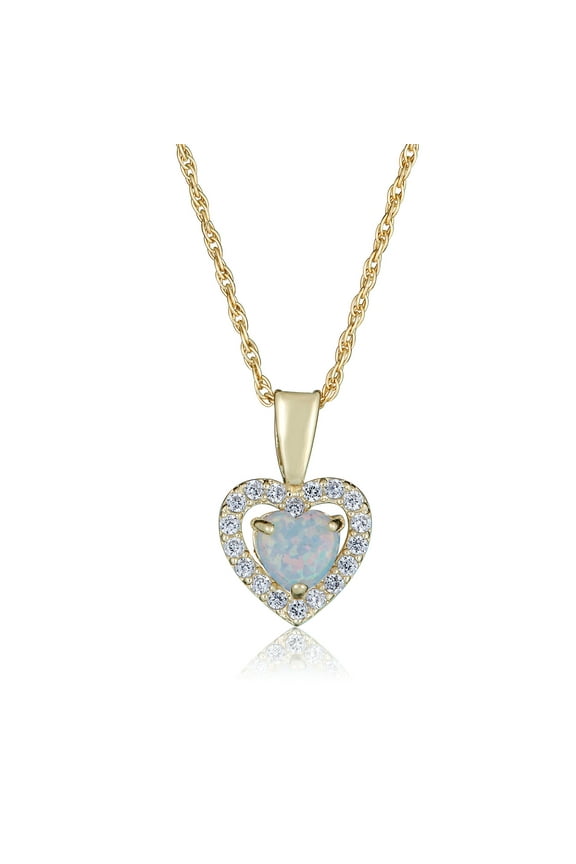 AVORA 14K Yellow Gold October Birthstone- Opal with Simulated Diamond CZ Heart Halo Pendant Necklace with 18" Chain