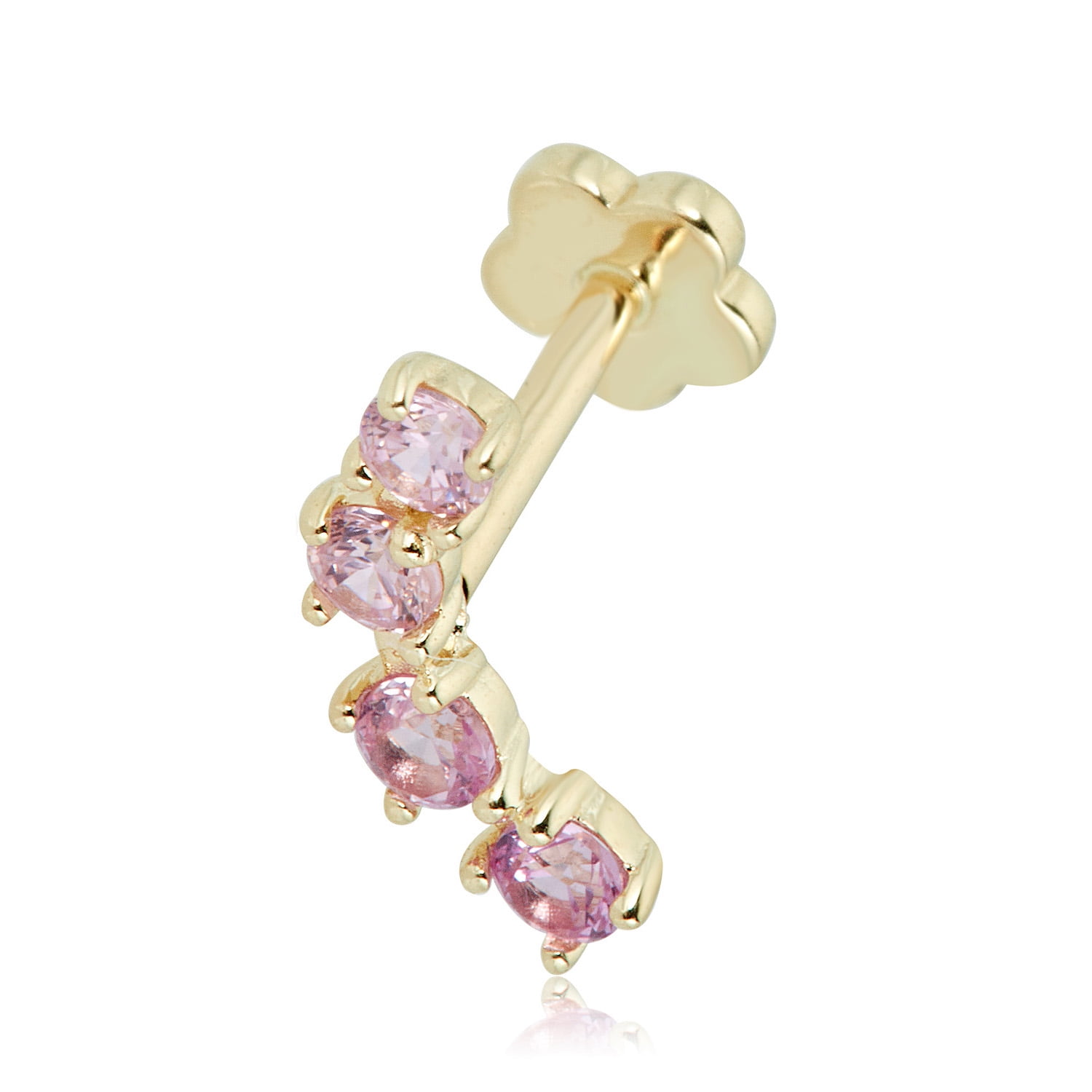 AVORA 14K Yellow Gold Pink Ombre Simulated Diamond CZ Curved Bar Cartilage Piercing Flat Back Earring Body Jewelry (18 Gauge)